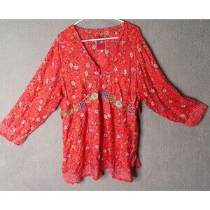 Johnny Was 100% Silk Mini Dress Tunic 1X Plus Red Floral Long Sleeve FLAW READ